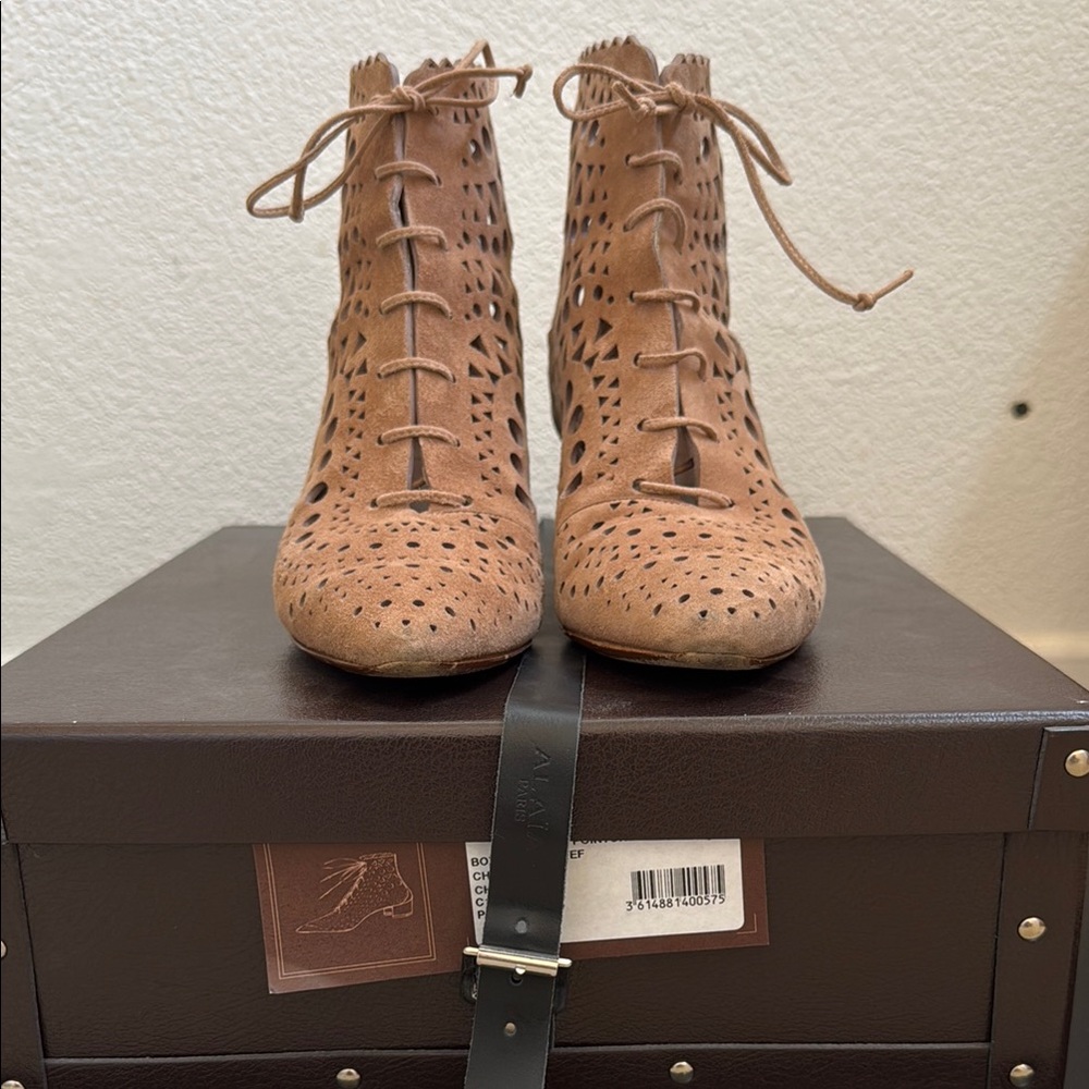 Alaia Tan Laser Cut Lace Up Boots with Heel in suede leather. Size 36.5